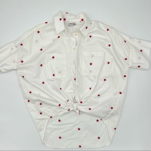 Madewell White/Red Embroidered Star Short Sleeve Button Down Tie Front Shirt